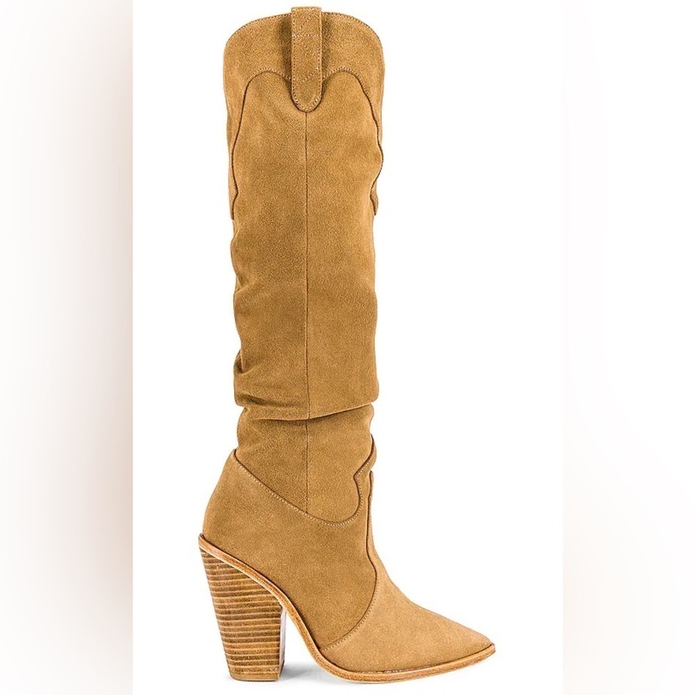Raye Inferno Boot in Tan Suede Tall Stacked Heel Western Sz 8.5